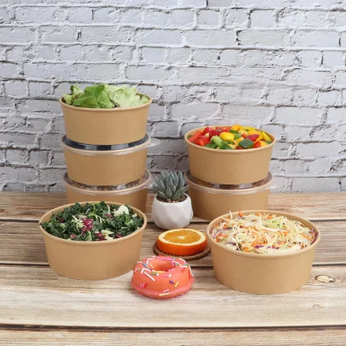 Vista 6 de Cuencos desechables de papel kraft de 25 onzas con tapas, recipientes de alimentos, cuencos de sopa, suministros de fiesta, cuencos de golosinas