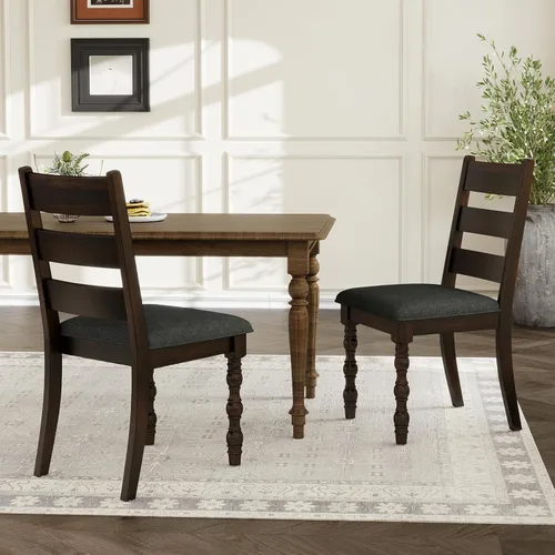 Vista 3 de Kmax Juego de 2 sillas de comedor de granja, silla de cocina rústica tapizada con respaldo de escalera, silla de madera marrón oscuro con patas