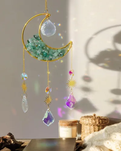 Vista 3 de Atrapasoles de cristal para ventanas de interior, colgantes, luna, atrapasoles con cristales de jade, arco iris, decoración para el hogar, jardín