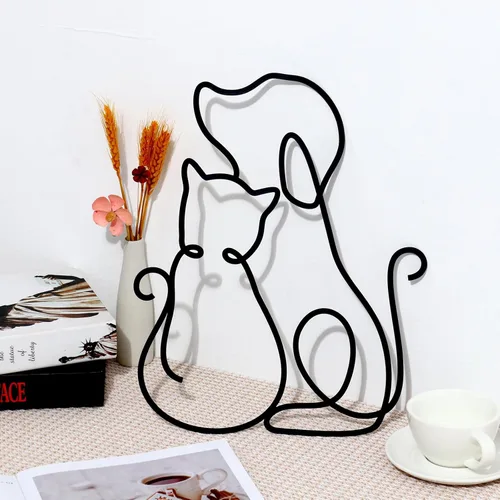 Vista 7 de Bnesi Arte de pared conciso de metal lineal, bonita decoración de pared para sala de estar, dormitorio, comedor (gato y perro)