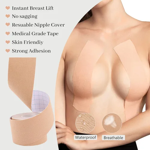 Vista 5 de Celosia Cinta para senos, cinta para levantamiento de senos, cinta Bob para senos grandes Copa A-G con 2 parches de silicona para el pecho, cinta