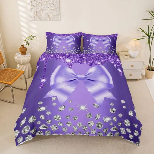Vista 118 de Feelyou Coquette Bow Bedding Set Twin Size Leopared Bows Comforter Cover for Kids Teens Adults Glitter Diamond Blue Duvet Cover Cute Bowknot Room