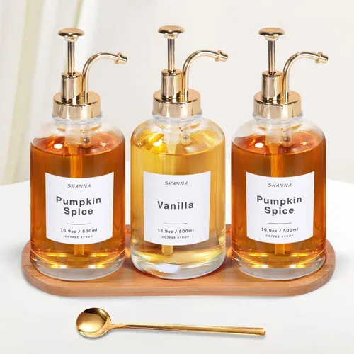 Vista 10 de Dispensador de jarabe de café para barra de café, botella de vidrio de 500ml 16.9oz con cuchara de café dorada, dispensador de jarabe de café con 36