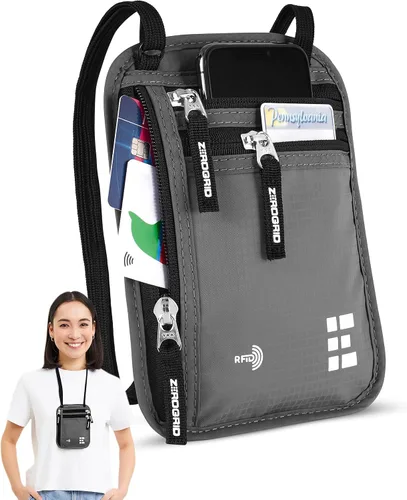 Vista 9 de Cartera de viaje para cuello con bloqueo RFID, bolsa de viaje para pasaporte para mujeres y hombres, mantiene los objetos de valor seguros