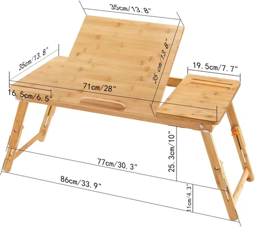 Vista 3 de Nnewvante - Mesa de bambú para laptop, bandeja de regazo ajustable, bandeja para servir cama, mesa de desayuno, mesa de café plegable, 7 ángulos