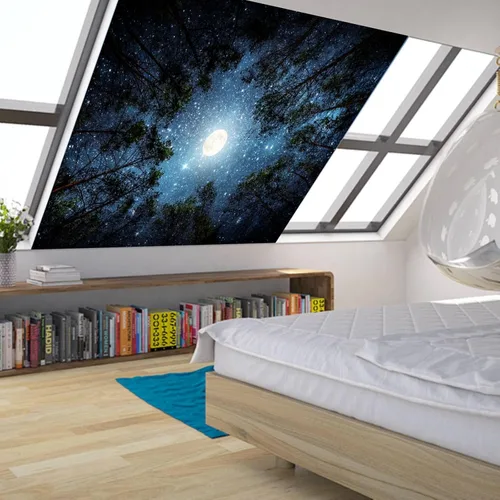 Vista 4 de Apdidl Tapiz estrellado de galaxia forestal para techo de dormitorio, espacio azul, cielo estrellado, luna, estrellas, tapiz estético, telón