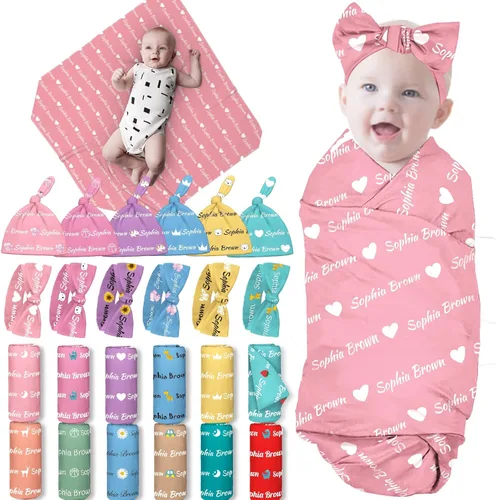 Vista 8 de Manta de Arrullo Personalizada para Bebé Niño Niña con Diadema de Lazo y Conjunto de Gorro Manta de Bebé Personalizada con Nombre Regalos de Bebé