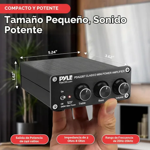 Vista 3 de Pyle Mini amplificador estéreo Bluetooth de 240 W para el hogar, micro receptor compacto de 2 canales con diales de control de graves y agudos 200 W