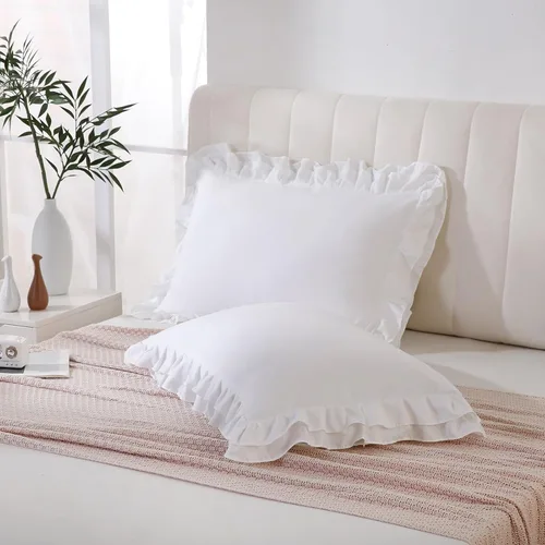 Vista 11 de Bedbay Juego de 2 fundas de almohada beige tamaño Queen, fundas de almohada con volantes, fundas de almohada Shabby Chic tamaño estándar, fundas