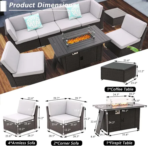 Vista 3 de iArtHand Juego de sofá de patio con mesa de fuego de propano de 46 pulgadas, mesa de centro, juego seccional para exteriores, juego de muebles