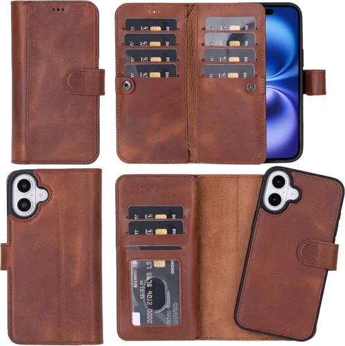 Vista 62 de HARDISTON Funda de piel auténtica de alta calidad hecha a mano para iPhone XR, tarjetero doble, funda magnética desmontable, función atril Marrón