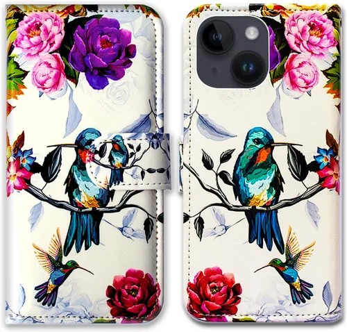 Vista 26 de Bcov Funda para iPhone 15, diseño de pájaro negro y verde con tapa para teléfono, con ranura para tarjetas, soporte para iPhone 15