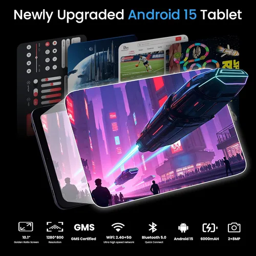Vista 3 de Tablet de 10.1", Android 15, 20GB (8+12) RAM, 256GB ROM, pantalla táctil IPS HD de 1280x800, batería de 6000mAh, Bluetooth, cámara dual, GMS, WiFi