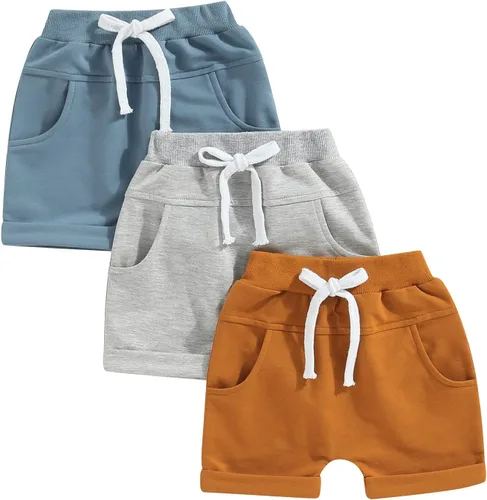 Paquete de 3 pantalones cortos y largos para niños y niñas, elásticos, casuales, color sólido, cintura elástica