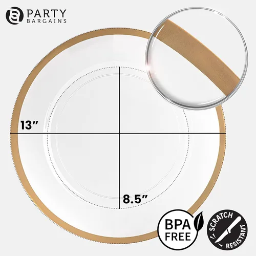 Vista 2 de Party Bargains - Bajoplatos de 13 pulgadas (8 unidades) transparentes, borde dorado Bajoplatos desechables de plástico resistente. Bajoplatos