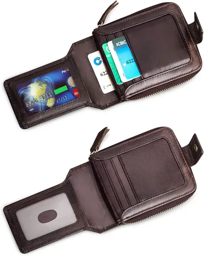 Vista 5 de BAIGIO Billetera de cuero genuino con cremallera alrededor de RFID bloqueo billetera plegable vintage multi tarjetero monedero, Café oscuro, Cartera