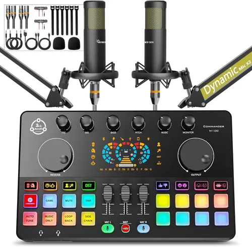 Vista 11 de Paquete de equipos de podcast para 2, interfaz de audio con micrófono de condensador, cambio de voz, mezclador de DJ para transmisión, grabación