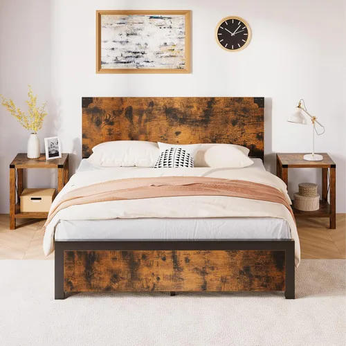 Amyove Base de cama con 4 cajones, marco de madera rústica y metal con gran almacenamiento, sin ruido, no necesita somier