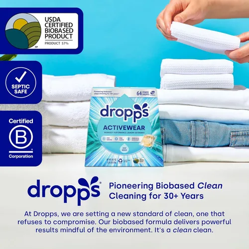 Vista 6 de Dropps Activewear Biobased Power Laundry Detergent Pods, Crisp Breeze (64 unidades) - Cápsulas de detergente para lavandería que combaten manchas