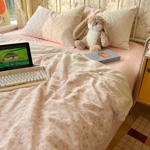 Vista 4 de Juego de funda de edredón floral rosa, tamaño matrimonial, con ribete de encaje blanco, tamaño matrimonial, estilo bohemio, de microfibra lavada