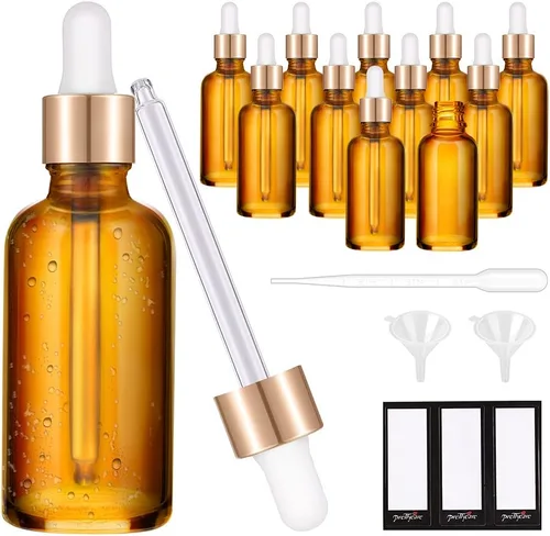 Vista 19 de PrettyCare Botella de Vidrio con Cuentagotas para Ojos 2 oz (60 ml), 24 Piezas de Botellas Transparentes y Vacías Gruesas a Granel con Tapas Dorada