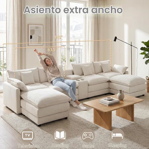 Vista 5 de ONEMMLION Sofá seccional en forma de U de gran tamaño de 145 pulgadas Blanco beige