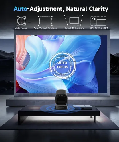 Vista 2 de 【Enfoque automático y 1080P】Alwtniet Mini proyector portátil, proyector inteligente de soporte 4K con WiFi y Bluetooth para exteriores, altavoz de 5