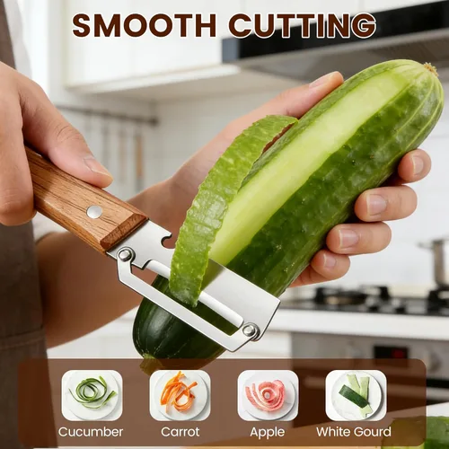 Vista 3 de Nuevo pelador de verduras multifuncional para cocina, con mango de madera y abridor de botellas, hoja de acero inoxidable ultra afilada para frutas