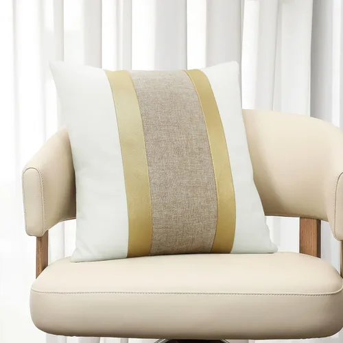 Vista 3 de Juego de 2 fundas de almohada de piel sintética y algodón de 18 x 18 pulgadas, fundas de almohada decorativas en blanco y negro con retazos de rayas