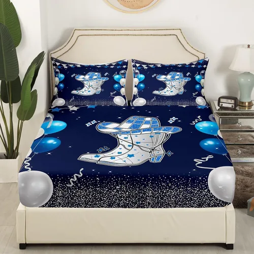 Vista 4 de Erosebridal Cowboys Western Bed Sheets Set Twin, Black and Blue Birthday Decorations Sheet Set Western Hat Mens Birthday Decorations Top Fitted