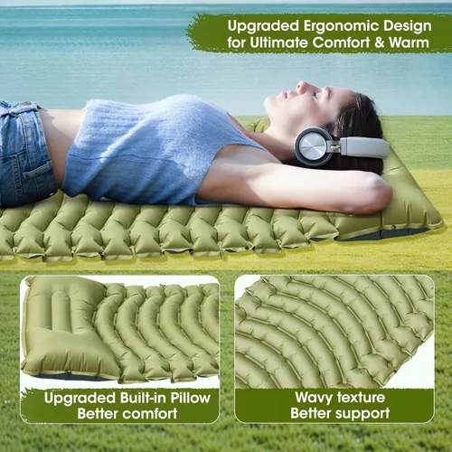 Vista 3 de Colchoneta de dormir para camping, almohadilla de dormir autoinflable, extra gruesa, con almohada con bomba de pie incorporada, colchoneta inflable