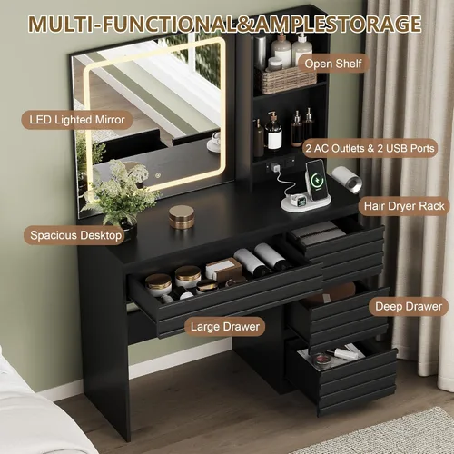 Vista 2 de Escritorio de maquillaje con luces, tocador estriado con 4 cajones, estantes abiertos, toma de corriente, espejo iluminado LED, 3 modos de Negro