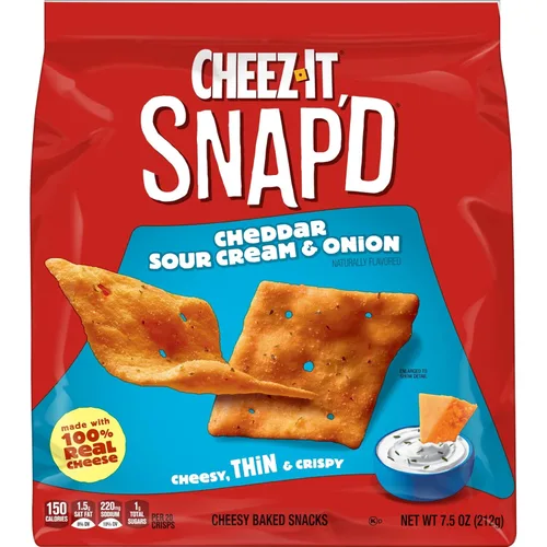 Vista 8 de Cheez-It Snap'd Chips de Galletas de Queso, Crujientes Delgadas, Aperitivos para el Almuerzo, Cheddar Crema Agria y Cebolla, Caja de 45oz (6 Bolsas)