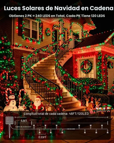 Vista 5 de OZS Paquete de 2 tiras de luces solares de 240 LED para exteriores, impermeables, luces solares para árbol de Navidad con 8 modos de iluminación
