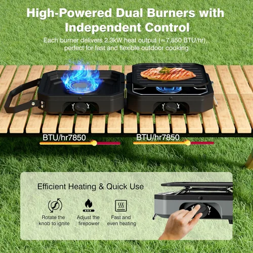 Vista 2 de Estufa de camping portátil de propano Estufa de campamento con calor ajustable independientemente y bolsa de transporte, estufa de gas plegable