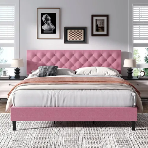Vista 30 de BarnFurin Base de cama Queen, plataforma tapizada con cabecera capitoné con botones, camas de tela tamaño Queen con soporte de listones de madera