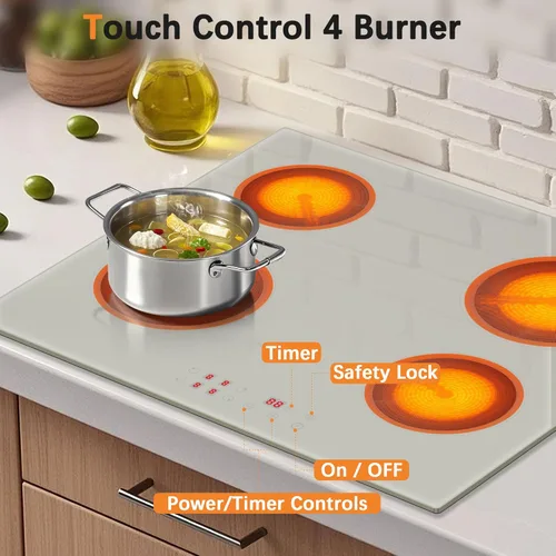 Vista 7 de Placa de Cocción Eléctrica de 24 Pulgadas - Placa de Cocción Eléctrica de 4 Quemadores Empotrada 6000W Beige-Gris, Placa de Cocción Eléctrica