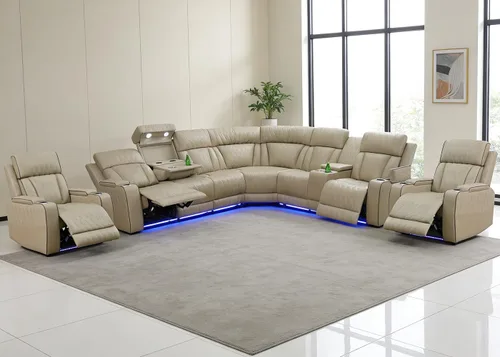 Vista 18 de Juego de sofá seccional reclinable eléctrico con luz LED, sofá esquinero reclinable de cuero y silla, muebles reclinables de teatro