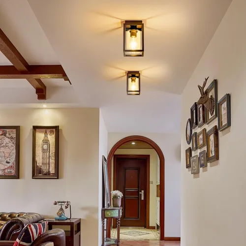 Vista 2 de Mayful Lámpara de techo de montaje empotrado con pantalla de cristal transparente, lámpara de techo de marco de metal negro para granja para isla