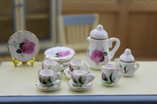 Vista 9 de Accesorios de decoración de casa de muñecas, modelo de escena en miniatura de casa de muñecas 1:12, 15 piezas, juego de taza de té y platillo