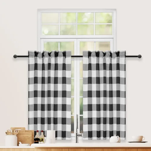 Vista 17 de Simple Deluxe Paquete de 4 cenefas opacas de cuadros búfalo para ventanas de cocina, sala de estar, casa de campo, dormitorio, cenefa de cortina