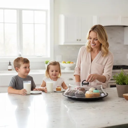 Vista 4 de Cubierta de vidrio para salpicaduras de microondas de 10.5 pulgadas para alimentos, tapa de placa de borosilicato con mango de silicona fría al
