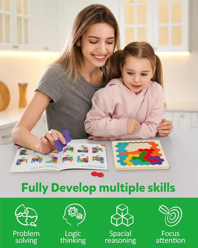Vista 5 de Coogam - Rompecabezas de madera Tangram, rompecabezas de forma y color 3D, juego de lógica y coeficiente intelectual geométrico, bloques Montessori