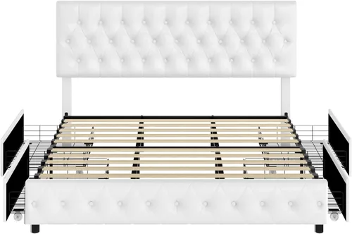 Vista 8 de Keyluv Marco de cama tapizado moderno con 4 cajones, diseño de cabecera capitoné con botones, soporte de listones de madera maciza, fácil montaje