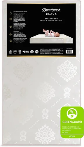 Beautyrest Beginnings Black Brilliant Sun - Colchón prémium de 2 etapas para cuna y niños pequeños con espuma de soja a base de plantas y espuma