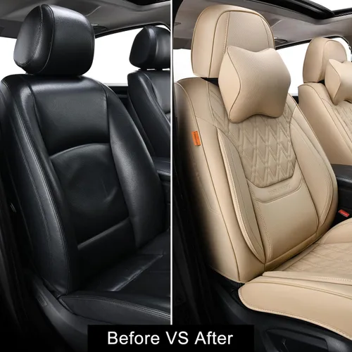 Vista 5 de Fundas de asiento delantero de automóvil, par de fundas de asiento delantero de cuero transpirable con reposacabezas, funda universal de asiento