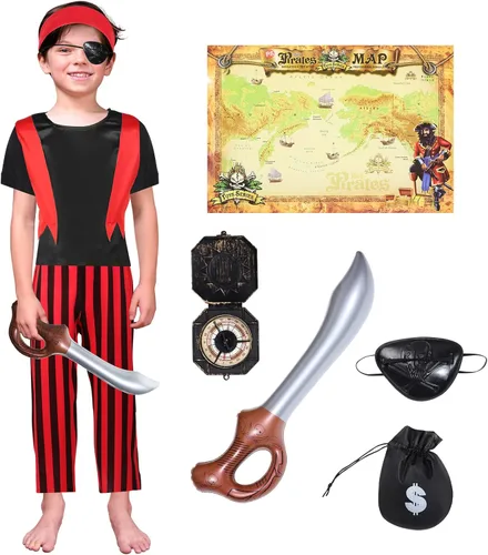 Disfraz de pirata para niños, conjunto de disfraz de pirata, parche en los ojos, espada, brújula, monedero, mapa, accesorios de pirata para fiesta
