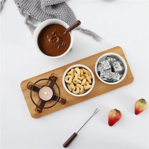 Vista 5 de Sizikato Juego de fondue de chocolate de porcelana con 2 tenedores de frutas, 10 onzas