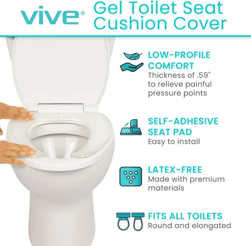 Vista 2 de Vive - Funda de cojín de gel para asiento de inodoro - Almohadilla elevada y acolchada para sillas alargadas, estándar y para inodoro