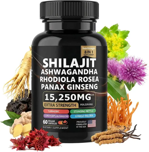 Suplemento shilajit puro con ashwagandha, ginseng, rhodiola rosea, hongo cordyceps, ginkgo biloba, ortiga picante, cúrcuma, suplemento 8 en 1